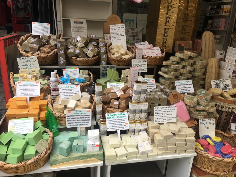 brown wooden shelf with assorted food