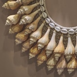 A close-up view of a decorative piece featuring a circular arrangement of seashells. The shells are intricately attached to a woven or knitted base, with alternating small cowrie shells and pointed conch shells creating an ornate pattern. The composition appears artfully crafted, emphasizing natural textures and organic shapes.