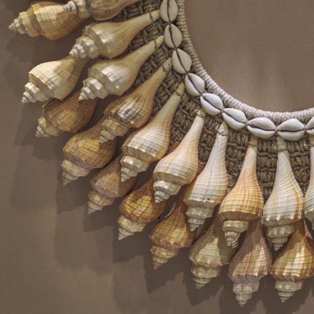 A close-up view of a decorative piece featuring a circular arrangement of seashells. The shells are intricately attached to a woven or knitted base, with alternating small cowrie shells and pointed conch shells creating an ornate pattern. The composition appears artfully crafted, emphasizing natural textures and organic shapes.