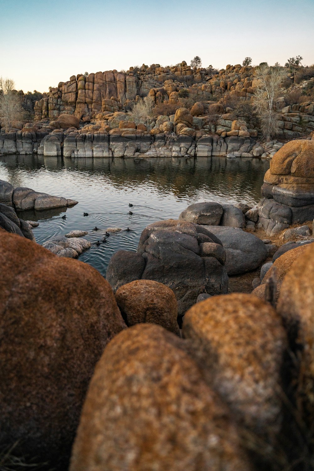 rochas marrons no corpo de água durante o dia