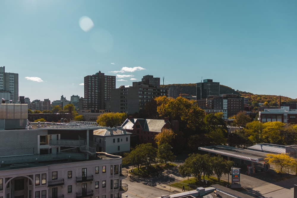 a view of a city with tall buildings