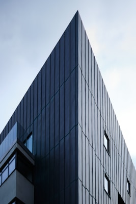 Angular modern building with dark vertical cladding panels, featuring multiple windows and a sharp edge extending into a light sky background.