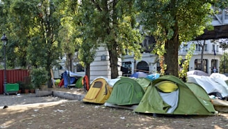 A row of colorful tents is set up in a park area surrounded by tall trees. The ground is covered with dry grass and scattered debris. In the background, urban buildings are visible, and a metal structure resembling a bridge or elevated railway can be seen.