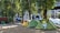A row of colorful tents is set up in a park area surrounded by tall trees. The ground is covered with dry grass and scattered debris. In the background, urban buildings are visible, and a metal structure resembling a bridge or elevated railway can be seen.
