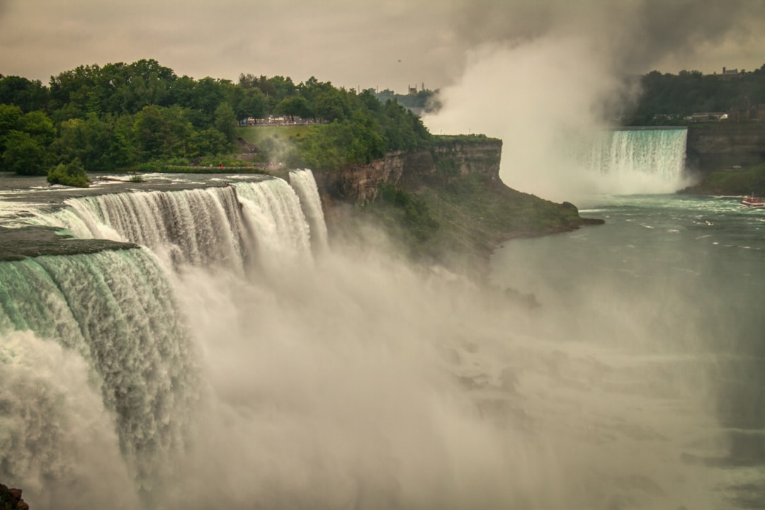 waterfalls in the middle of green trees