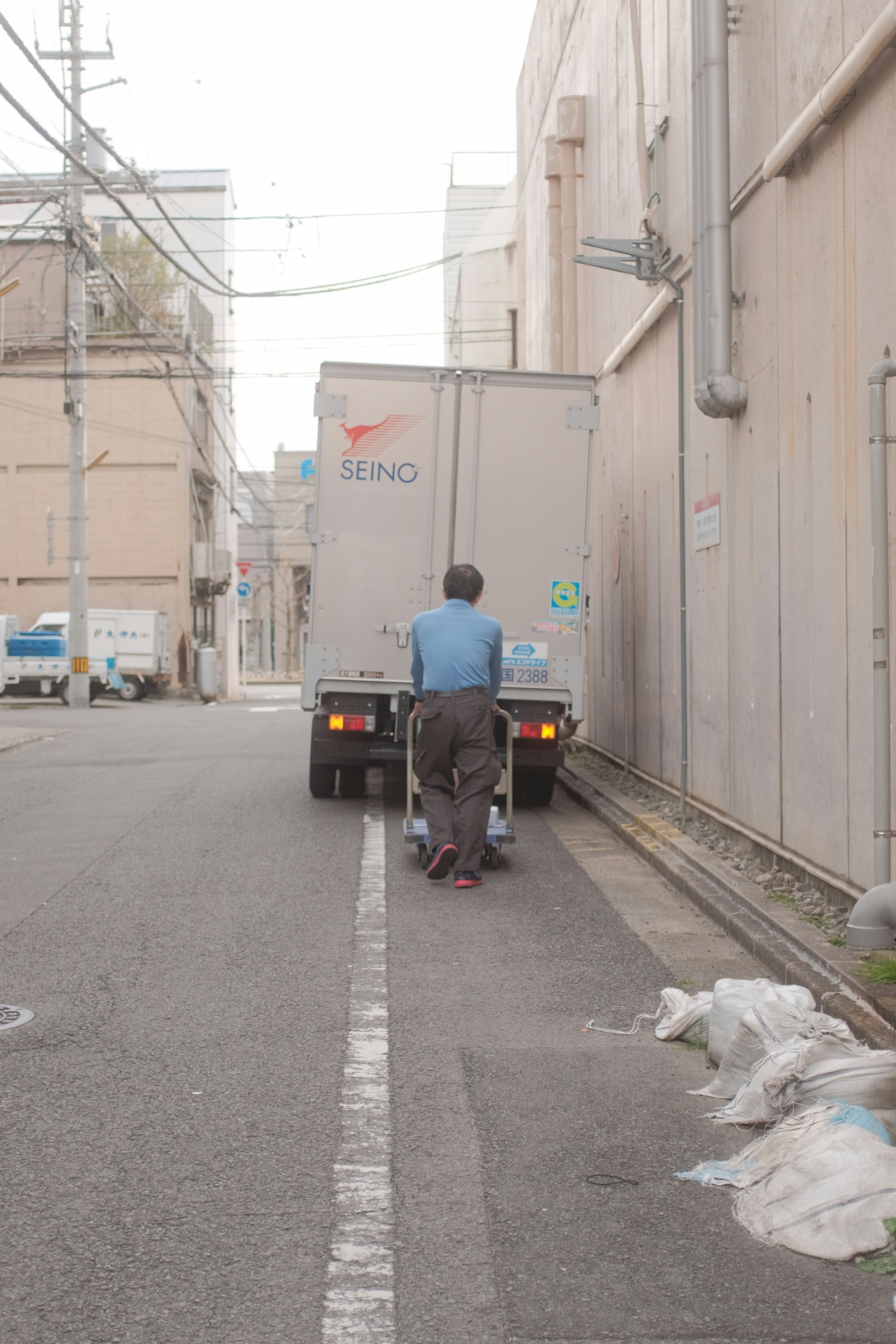 A person wearing a blue shirt and dark pants is pushing a cart towards a delivery truck in a narrow alley. The scene is urban with buildings on either side, along with overhead wires. Bags are placed on the sidewalk nearby, and the truck has logos and license plate numbers visible.