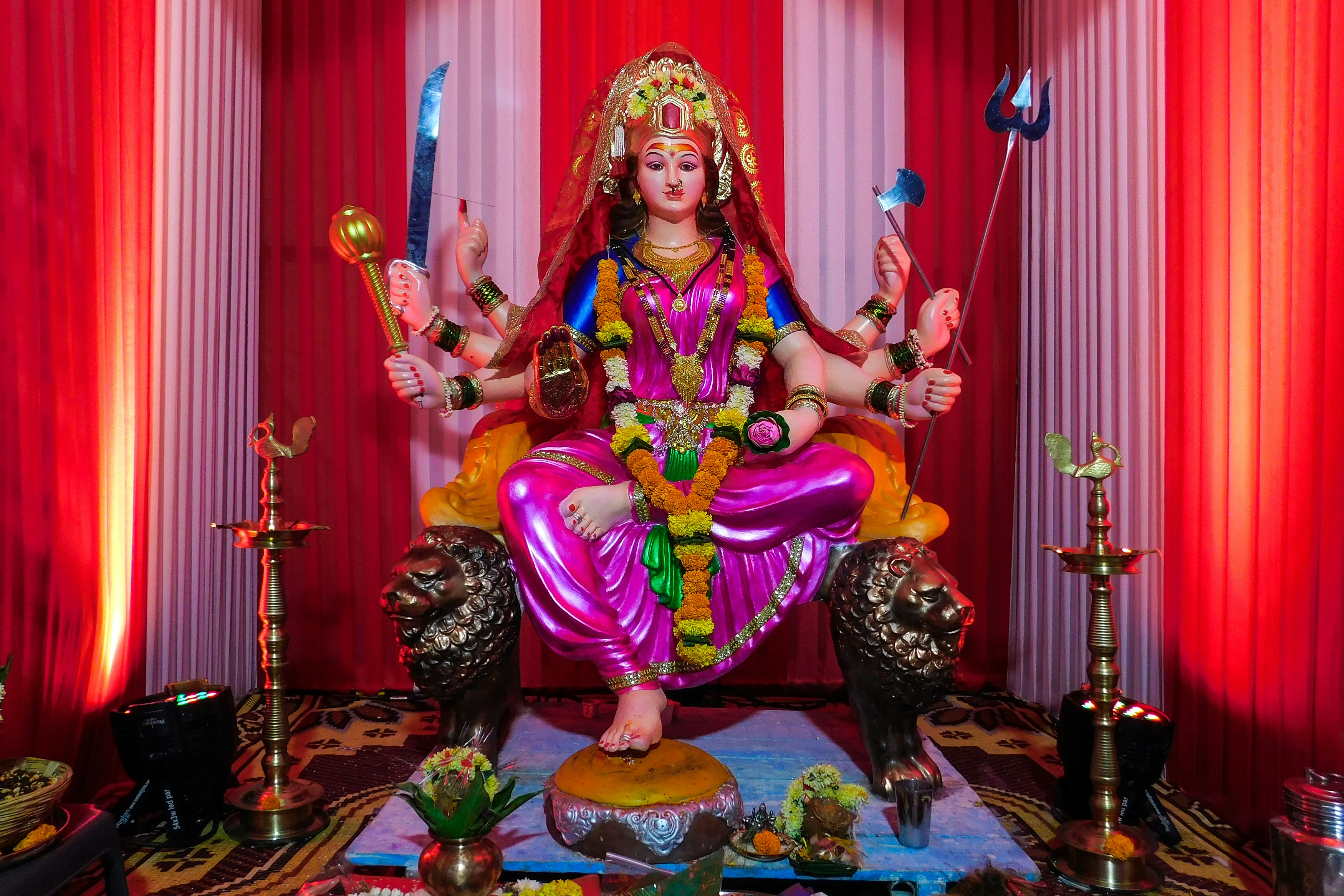 A Durga Devi temple in Mumbai, India during the festival of Navratri in 2018