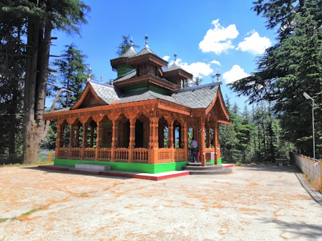 A traditional wooden temple with intricate carvings is surrounded by tall pine trees. The temple features a sloped roof and decorative elements on its exterior. Bright sunlight casts shadows on the stone pavement, while a few people are visible near the entrance.