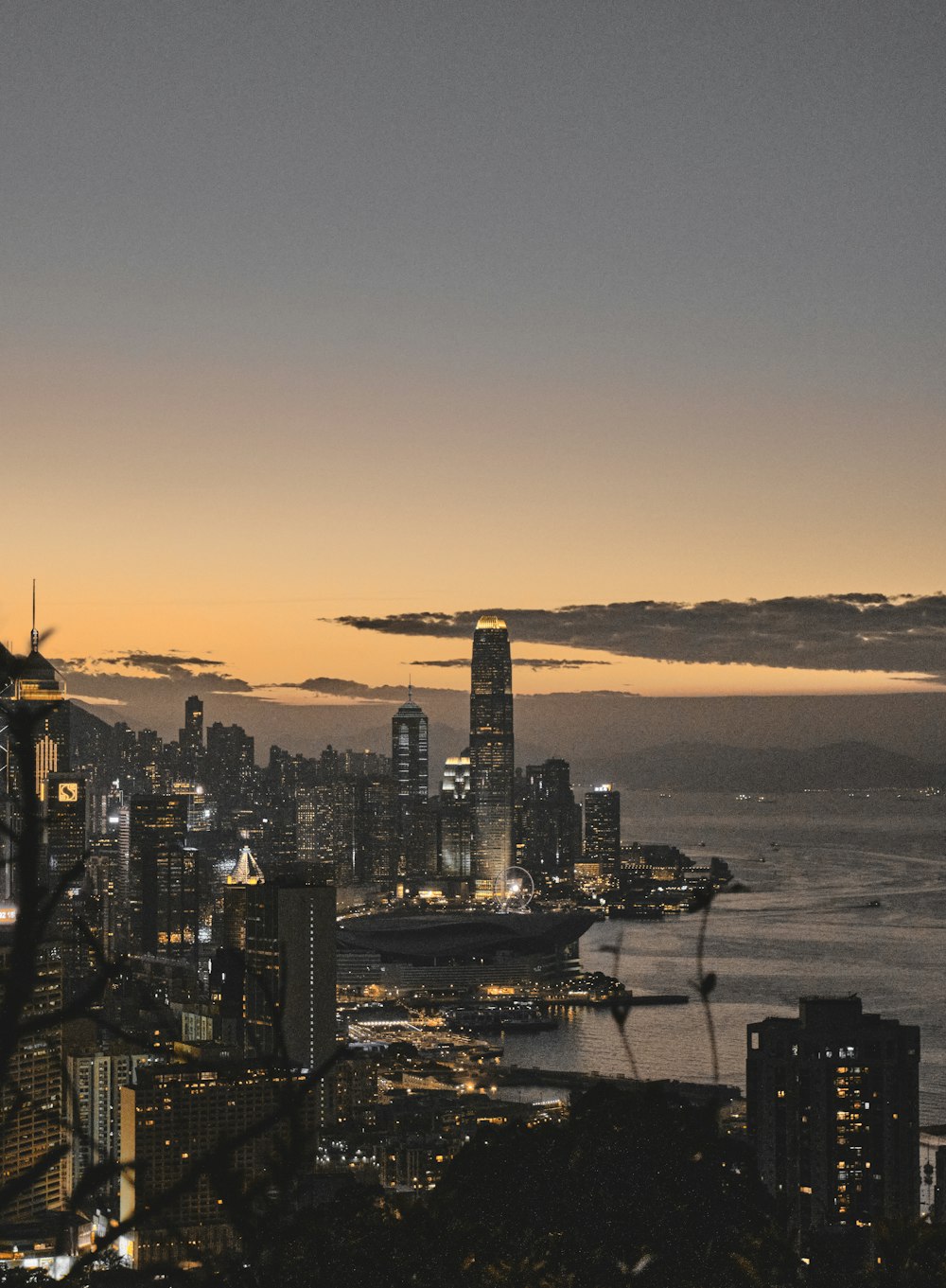 city skyline during sunset with body of water