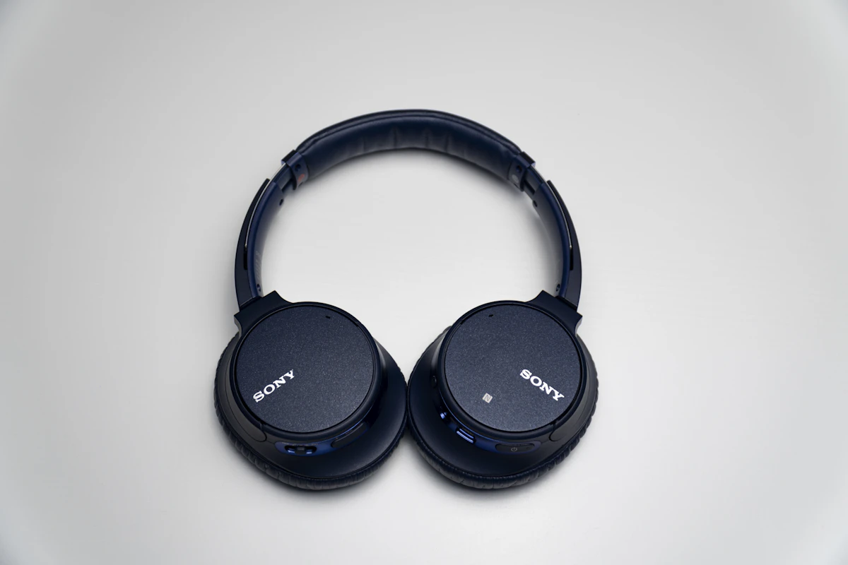 Sony WH-1000XM7 wireless headphones in flatlay photography showing both ear cups