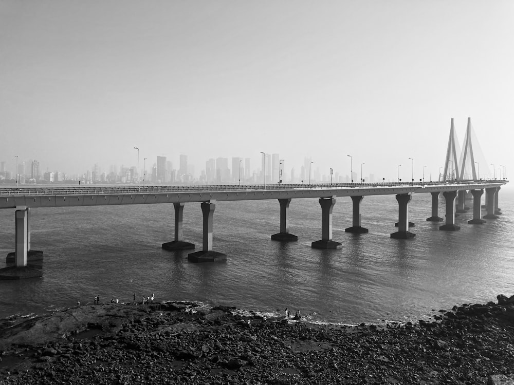 grayscale photo of bridge over river