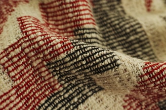 A close-up of a woven textile featuring a checkered pattern of red and black lines with an ivory background. The texture of the fabric is coarse and the weaving is loosely knit, giving a sense of warmth and rustic style.