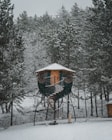 brown wooden hanging bird cage on snow covered ground