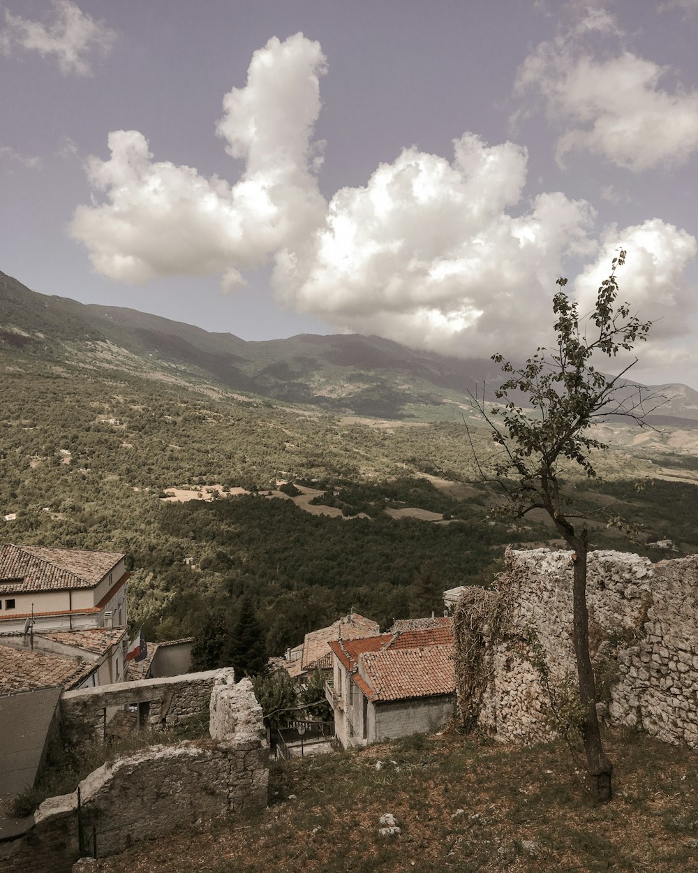 brown and white concrete houses on green mountain under white clouds and blue sky during daytime