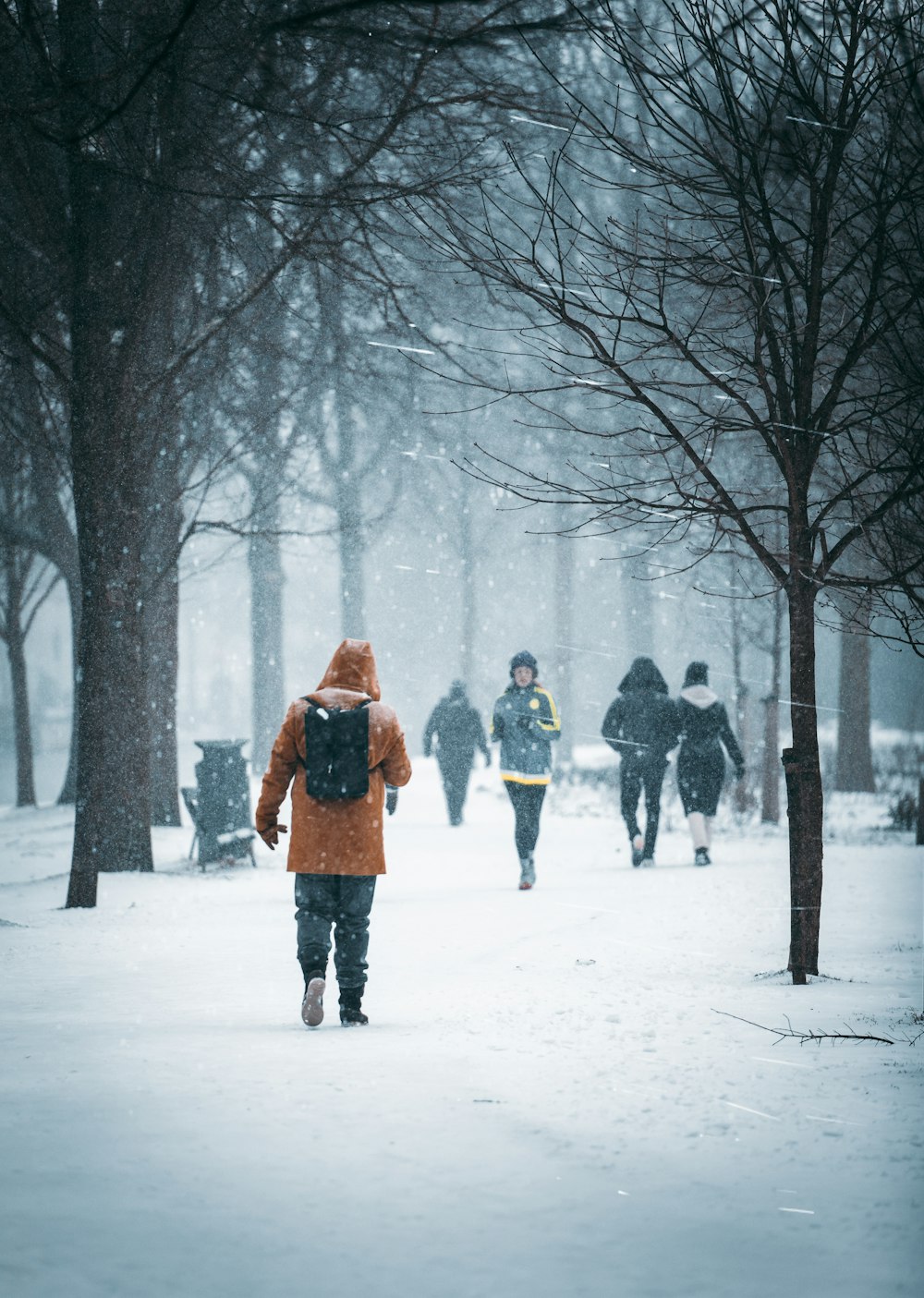 Frau im braunen Mantel steht auf schneebedecktem Boden