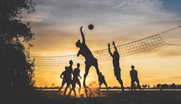 silhouette of people playing basketball during sunset