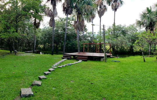 A lush, green garden setting with a wooden platform nestled among tall palm trees and dense foliage. Stone stepping paths lead through the grassy area towards the platform.