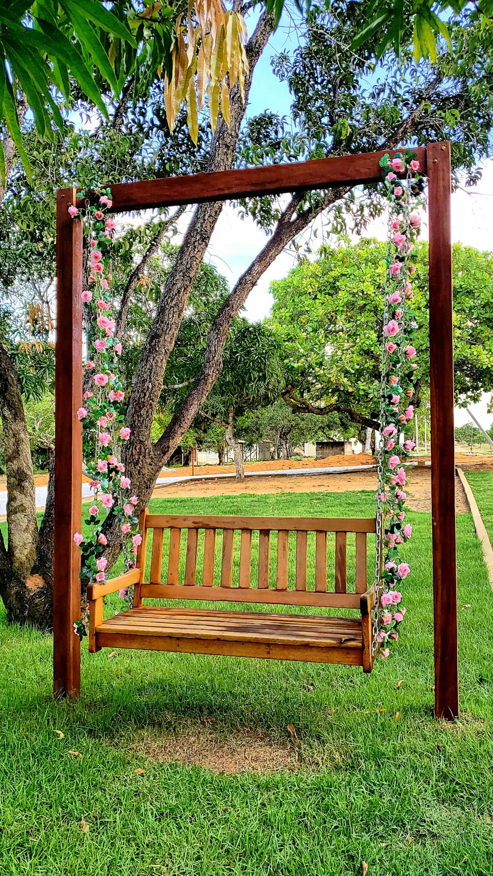 brown wooden bench under green and pink leaf tree