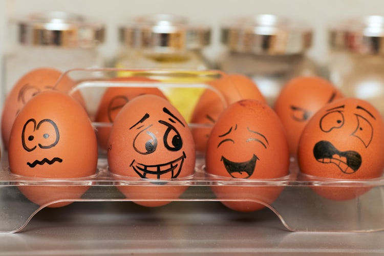 Eggs with little hand-draw faces on them. Some are nervous, others confused or laughing or scared.