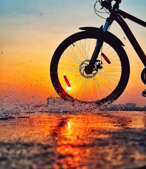 black bicycle on brown sand during sunset