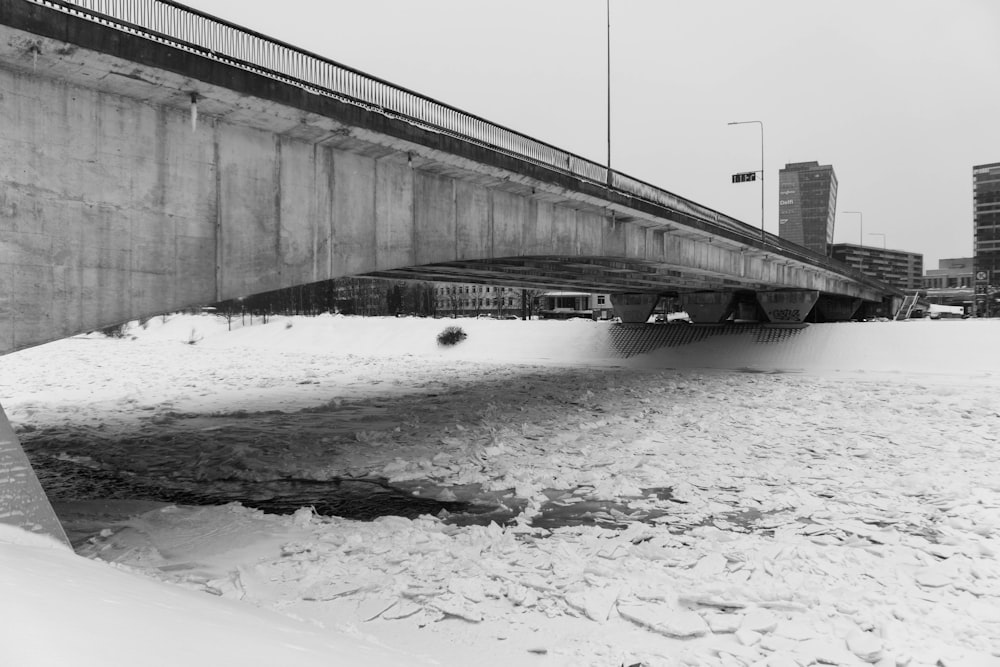 Graustufenfoto der Brücke über Wasser