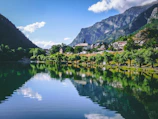 green trees near lake and mountain under blue sky during daytime