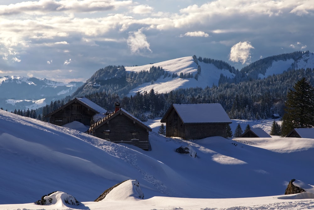 Casa de madera marrón en una montaña cubierta de nieve durante el día