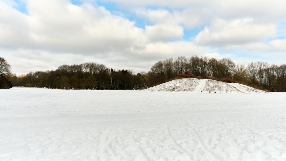 snow covered field near trees under white clouds and blue sky during daytime