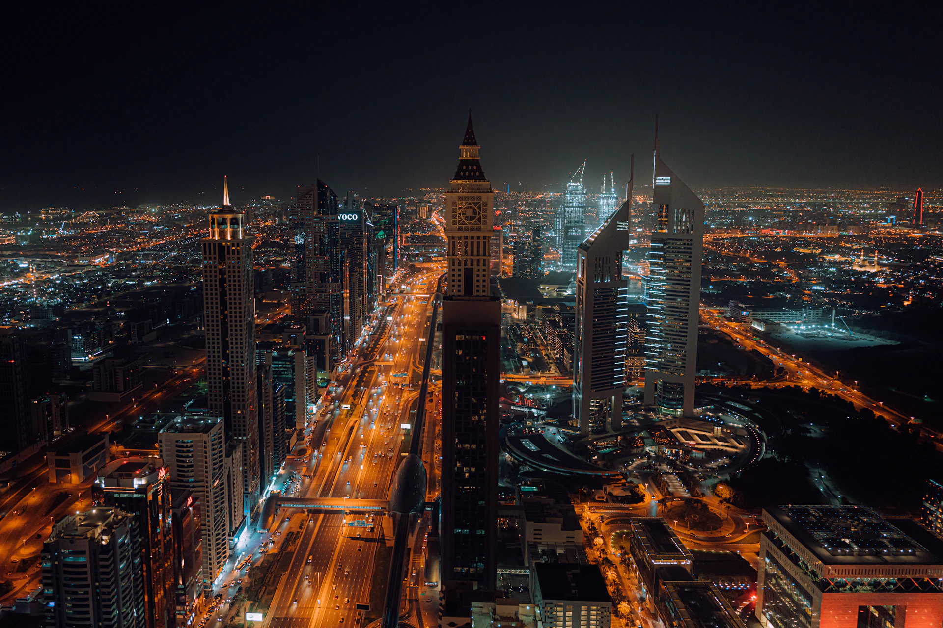 aerial view of city buildings during night time