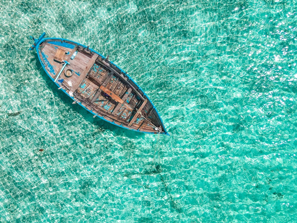 brown and blue boat on green water