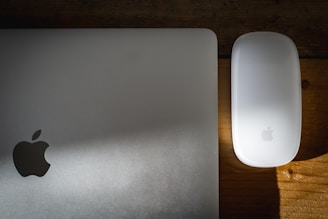 A silver laptop with an Apple logo is placed next to a white Apple Magic Mouse. The items are set on a wooden surface, and there's a beam of light casting a soft shadow across the laptop.