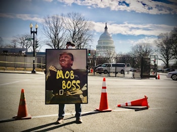 A person holds a large sign depicting a political figure with the words 'MOB BOSS' in front of the United States Capitol building. Orange traffic cones are set up around them on the street. The sky is partly cloudy, and trees without leaves are visible.