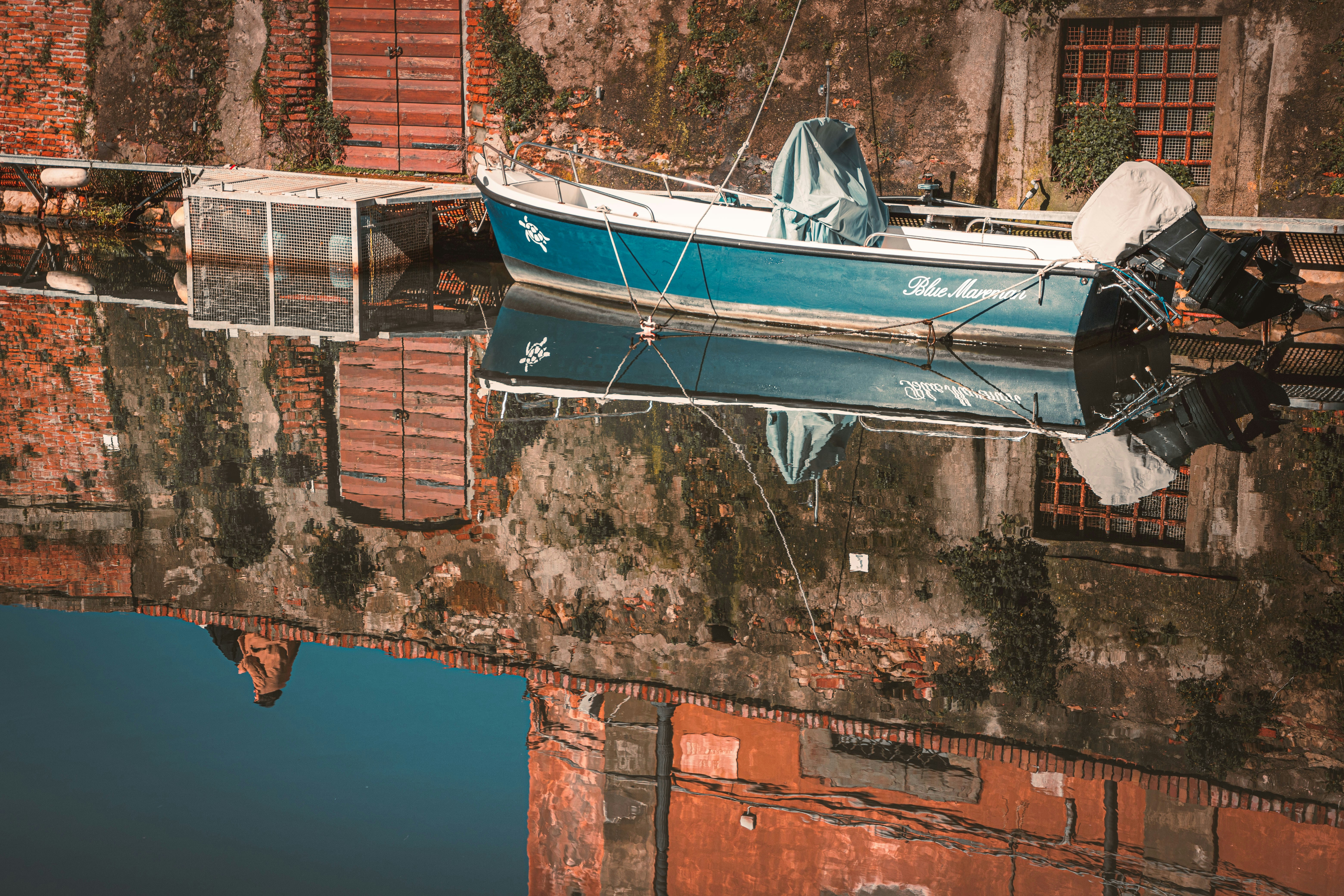 blue and white boat on water