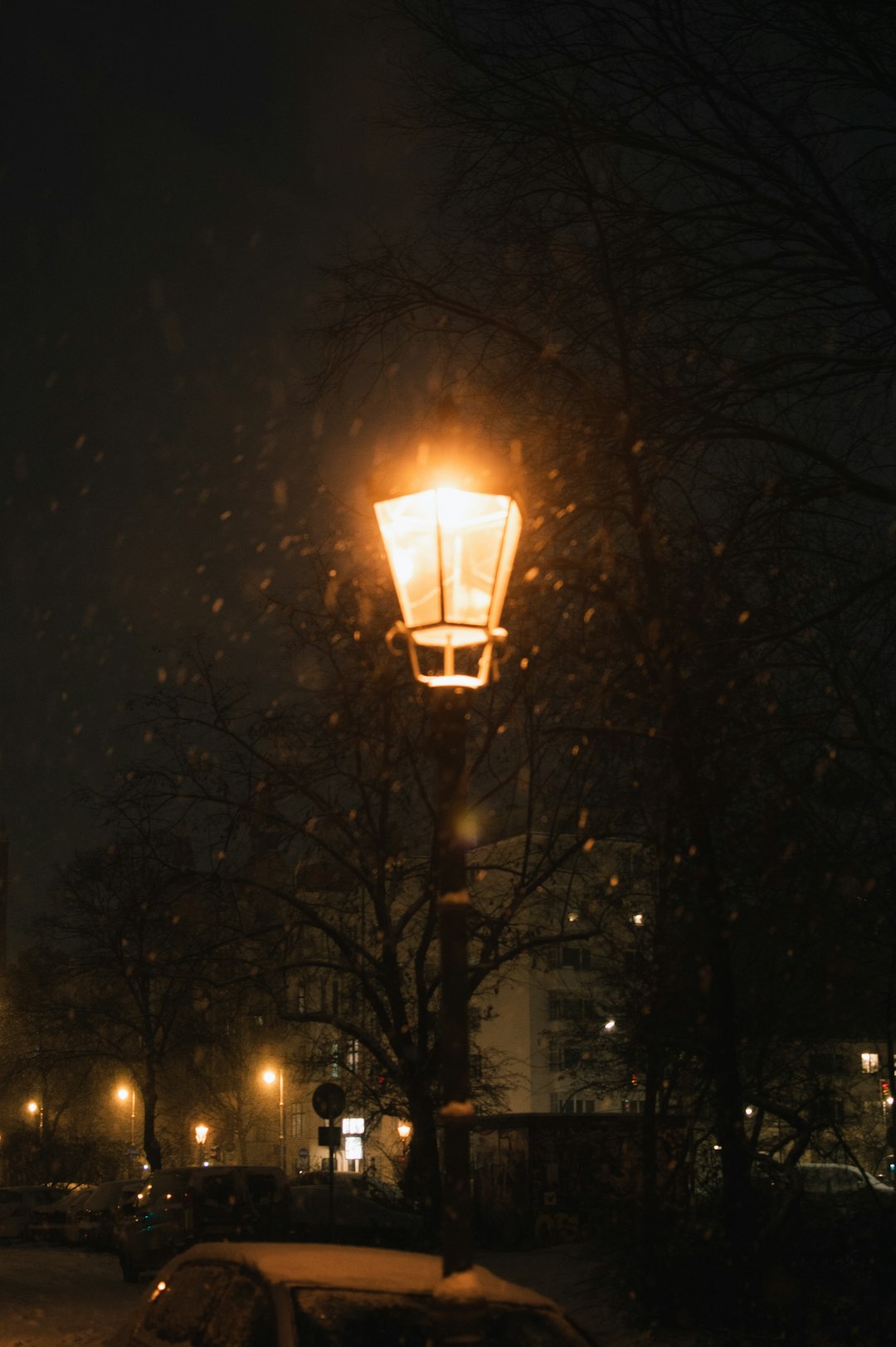 black street light turned on during night time