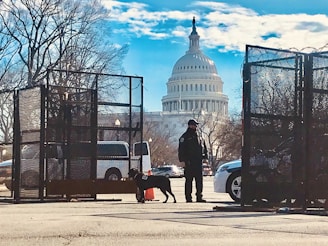 A security checkpoint with metal fencing and a guard accompanied by a dog in the foreground. The U.S. Capitol building is prominently visible in the background under a bright blue sky with scattered clouds. Bare trees and various vehicles are also part of the scene.
