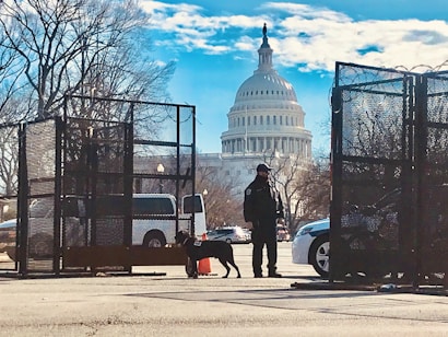 A security checkpoint with metal fencing and a guard accompanied by a dog in the foreground. The U.S. Capitol building is prominently visible in the background under a bright blue sky with scattered clouds. Bare trees and various vehicles are also part of the scene.