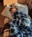 A person is sleeping comfortably on a bed, wrapped in a blue and white plaid blanket. The room is warmly lit by sunlight streaming in, creating a cozy and peaceful atmosphere. A decorative pillow is placed at the head of the bed, and there is also a patterned curtain visible in the background.
