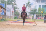 A person is riding a horse that is jumping over a series of colored poles. The rider is wearing a helmet and boots and is positioned in the center of the image while in the background there are buildings, billboards, and trees. Spectators and other people can be seen in the vicinity.