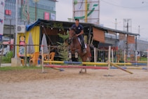 A person is riding a horse, jumping over a set of colorful hurdles in an outdoor equestrian setting. Behind the horse, there is a casual dining area with tables, chairs, and umbrellas. The background features a building with commercial signage and a street with vehicles.