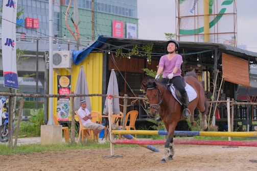 A person wearing a helmet and gloves is riding a horse, navigating through a horse jumping obstacle course. The setting appears to be an outdoor riding arena with a building and some signage in the background. An observer is seated on a chair to the side, wearing casual clothing.
