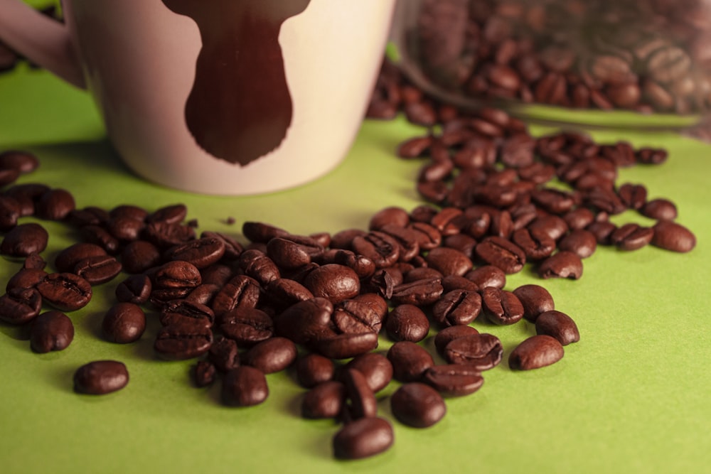 brown coffee beans on white ceramic mug