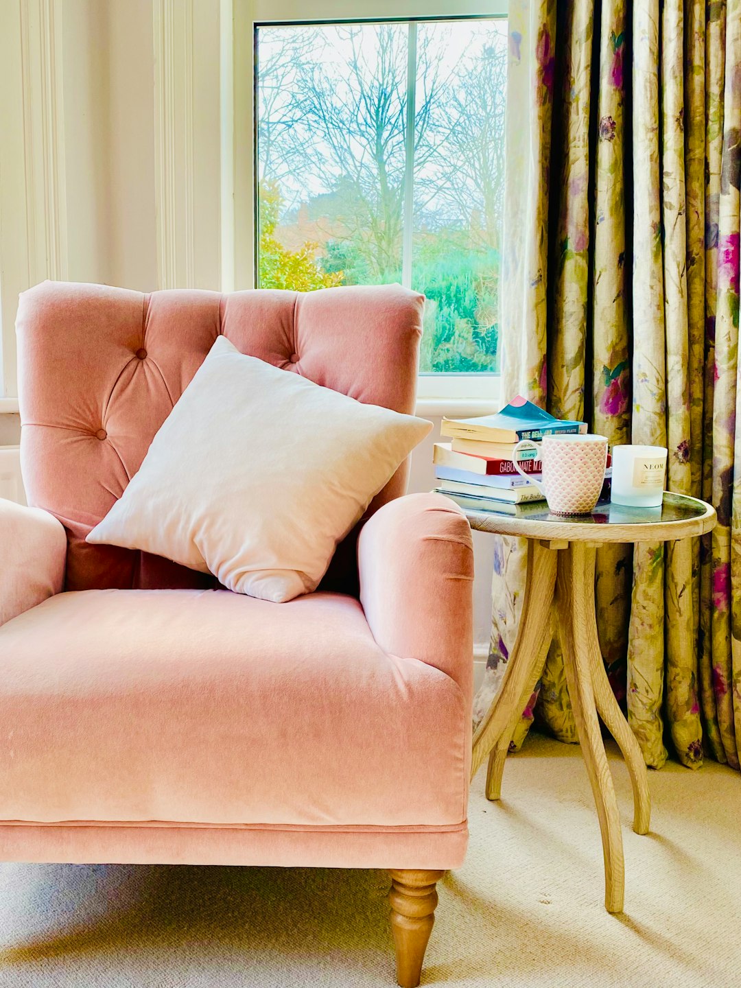  pink sofa chair with throw pillows armchair