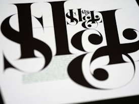 A close-up of bold, intricate black typography on a white background, featuring various swirls and curves in the letterforms.
