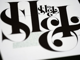 A close-up of bold, intricate black typography on a white background, featuring various swirls and curves in the letterforms.