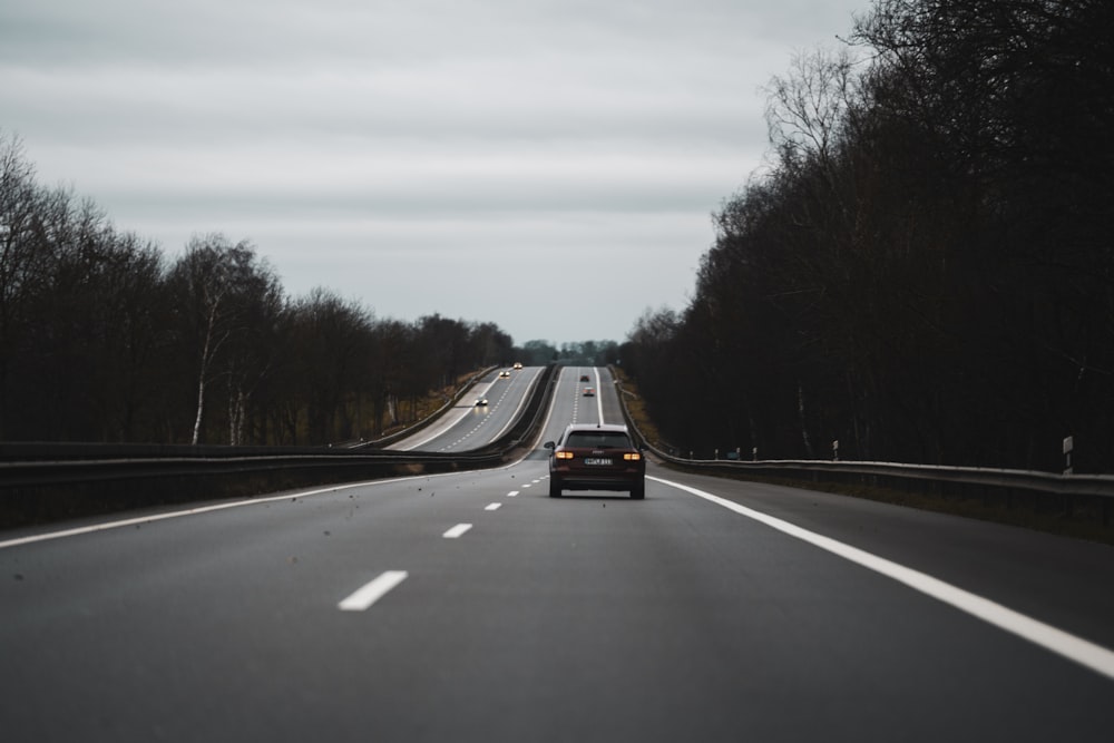 black car on road between trees during daytime