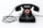A vintage black rotary dial telephone with a coiled cord. The dial features numbers and a red center labeled 'Feuer-Notruf 2222'. The phone has a classic design with a sturdy handset resting on the base.