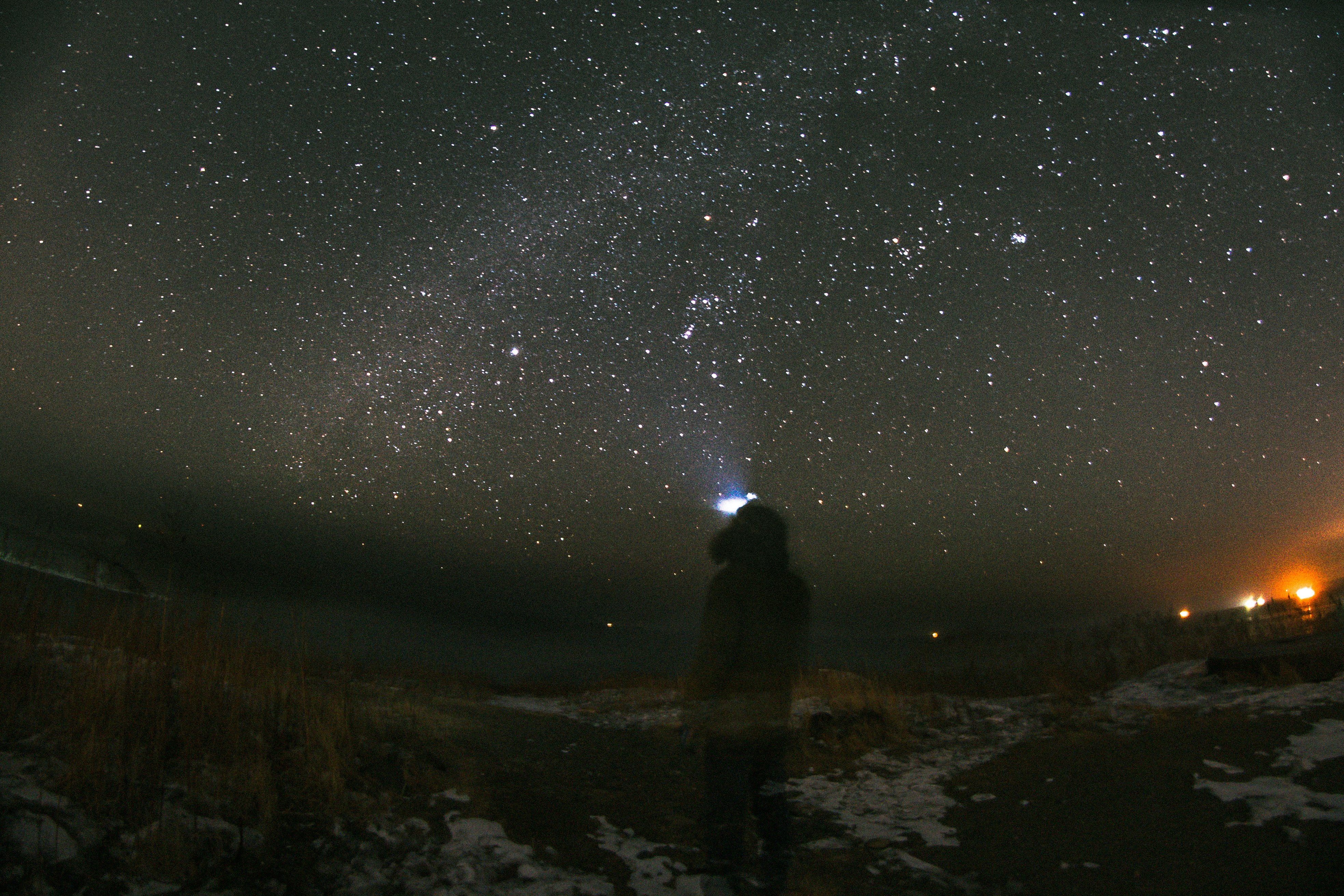 man standing on brown field under starry night