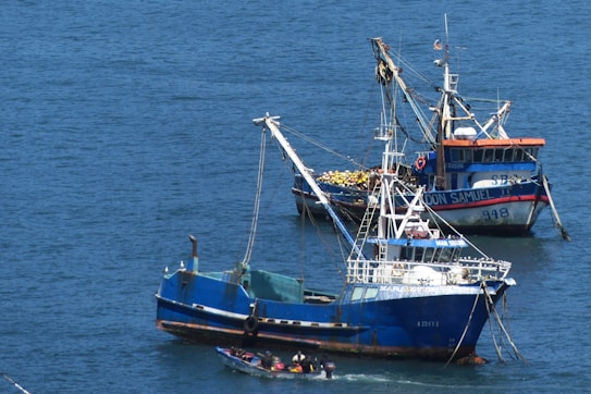 Two fishing boats with blue hulls are anchored in calm ocean waters. One boat has a visible name on the side and fishing equipment on deck. The smaller boat appears to be ferrying people or goods nearby.