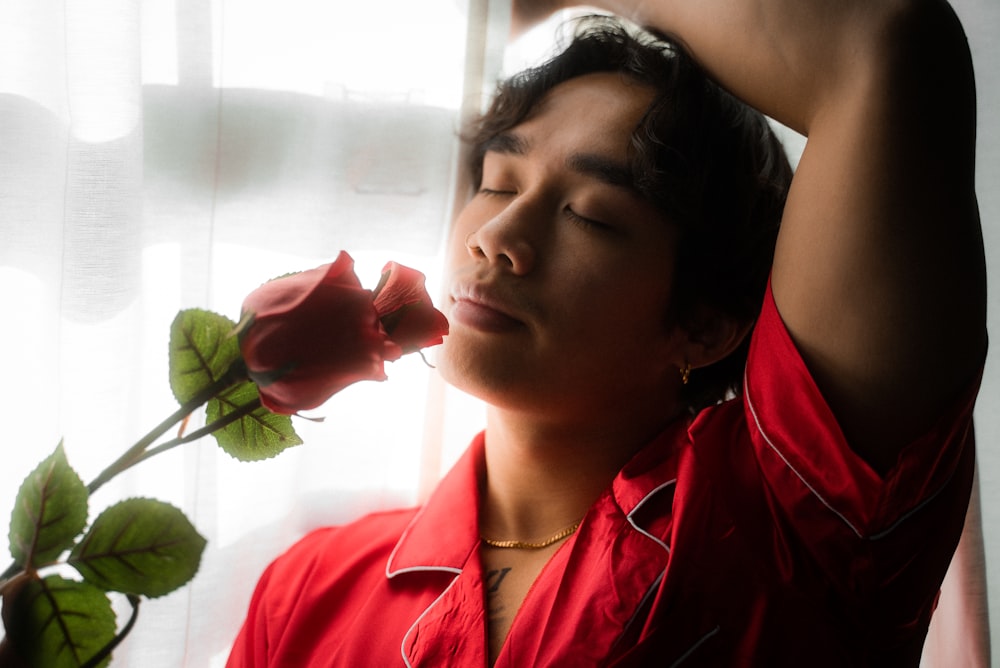 woman in red button up shirt