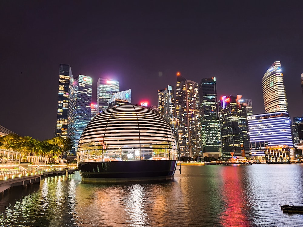 city skyline during night time